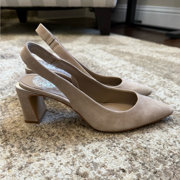 Vince Camuto Taupe Suede Slingback Block Heel Pumps - Picture 5 of 9